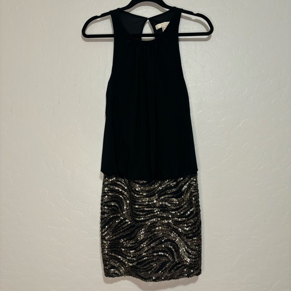 Aidan by Aidan Mattox Black Gold Sequins Sparkle Cocktail Mini Dress Size 2 - Picture 1 of 11